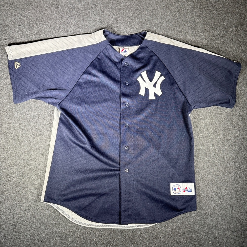 Majestic New York Yankees Baseball Jersey Mens XL Navy Blue Grey Mesh MLB USA